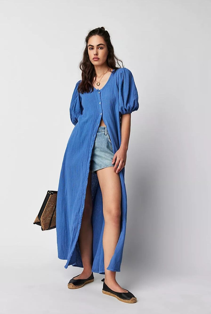 NWT Free People Blue Button-Front Maxi Dress with Puff Sleeves